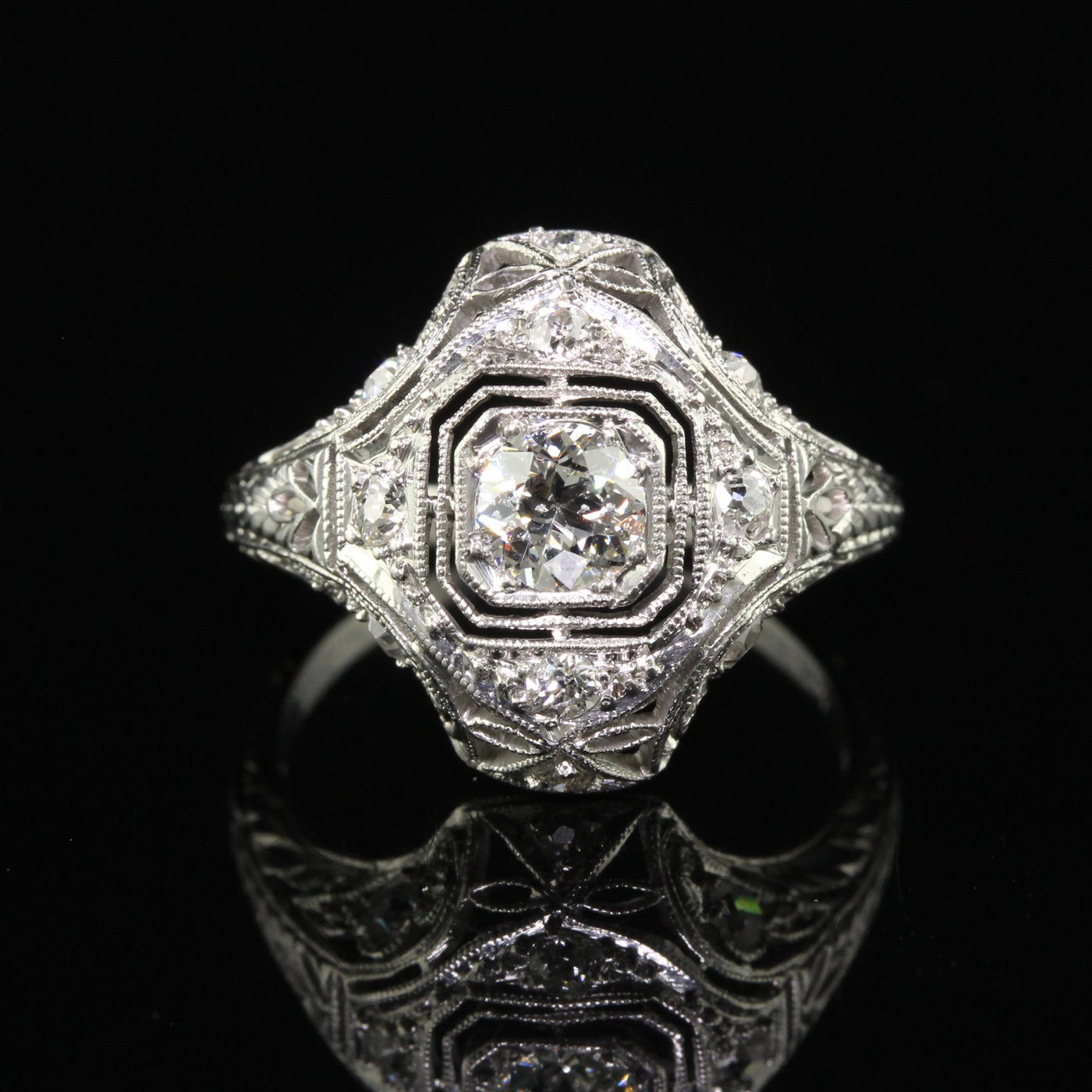 Antique Art Deco Platinum Old European Diamond Filigree Engagement Ring