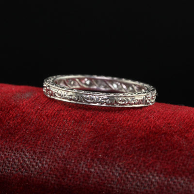 Antique Art Deco Platinum Single Cut Diamond Engraved Wedding Band Ring