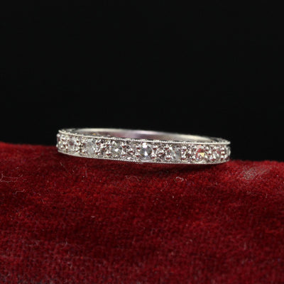 Antique Art Deco Platinum Single Cut Diamond Engraved Wedding Band Ring