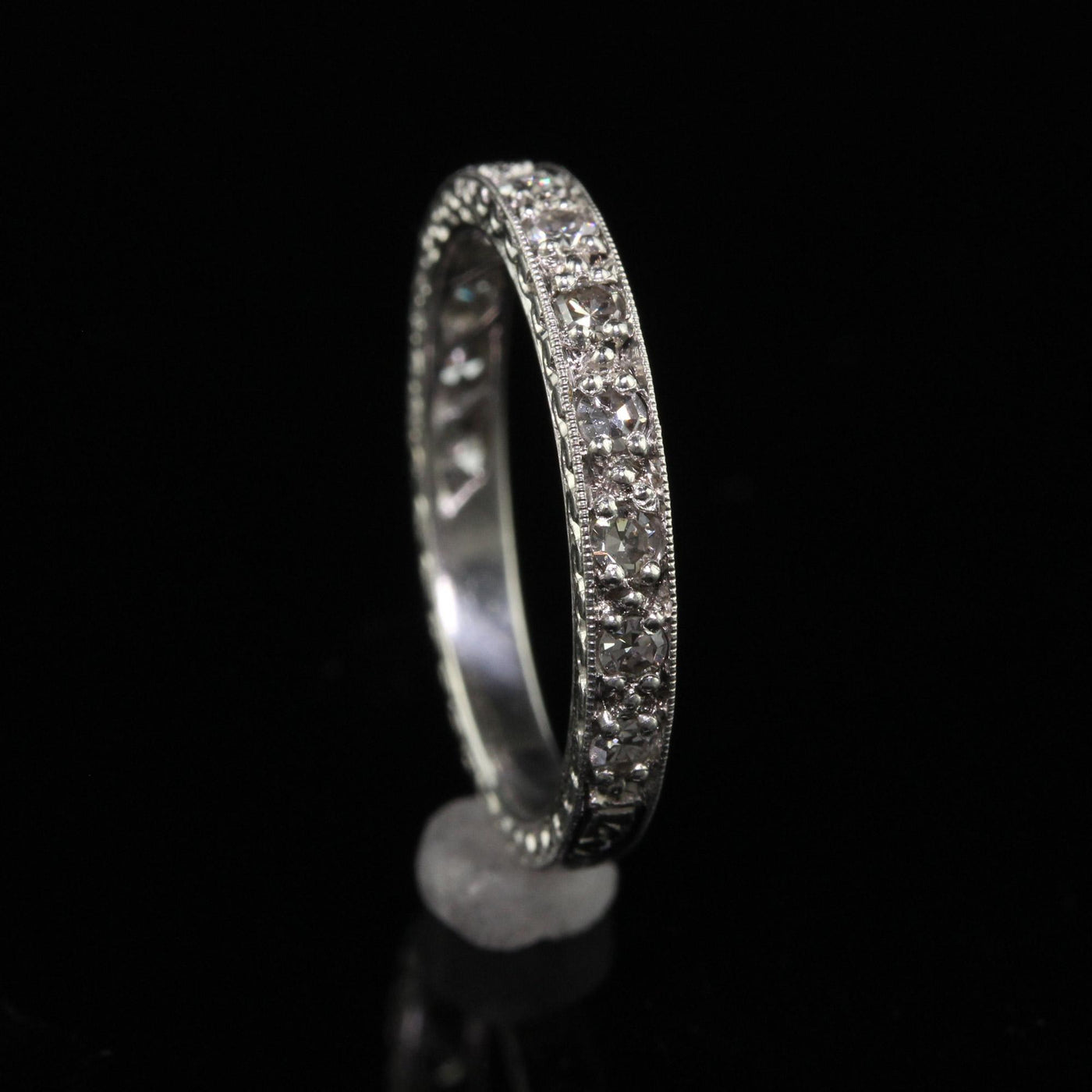 Antique Art Deco Platinum Single Cut Diamond Engraved Wedding Band Ring