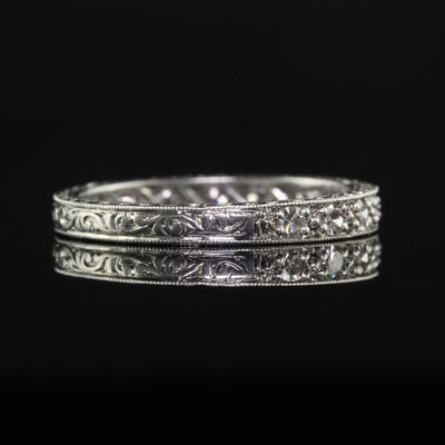 Antique Art Deco Platinum Single Cut Diamond Engraved Wedding Band Ring