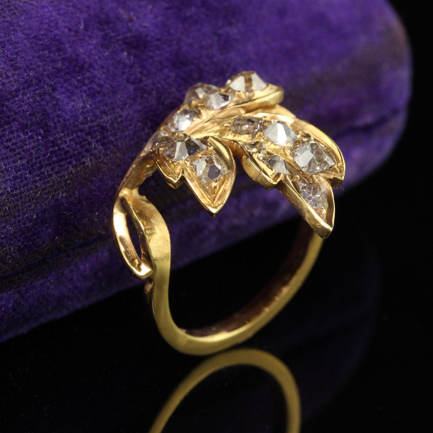 Antique Victorian 22K Yellow Gold Old Mine Floral Leaf Ring