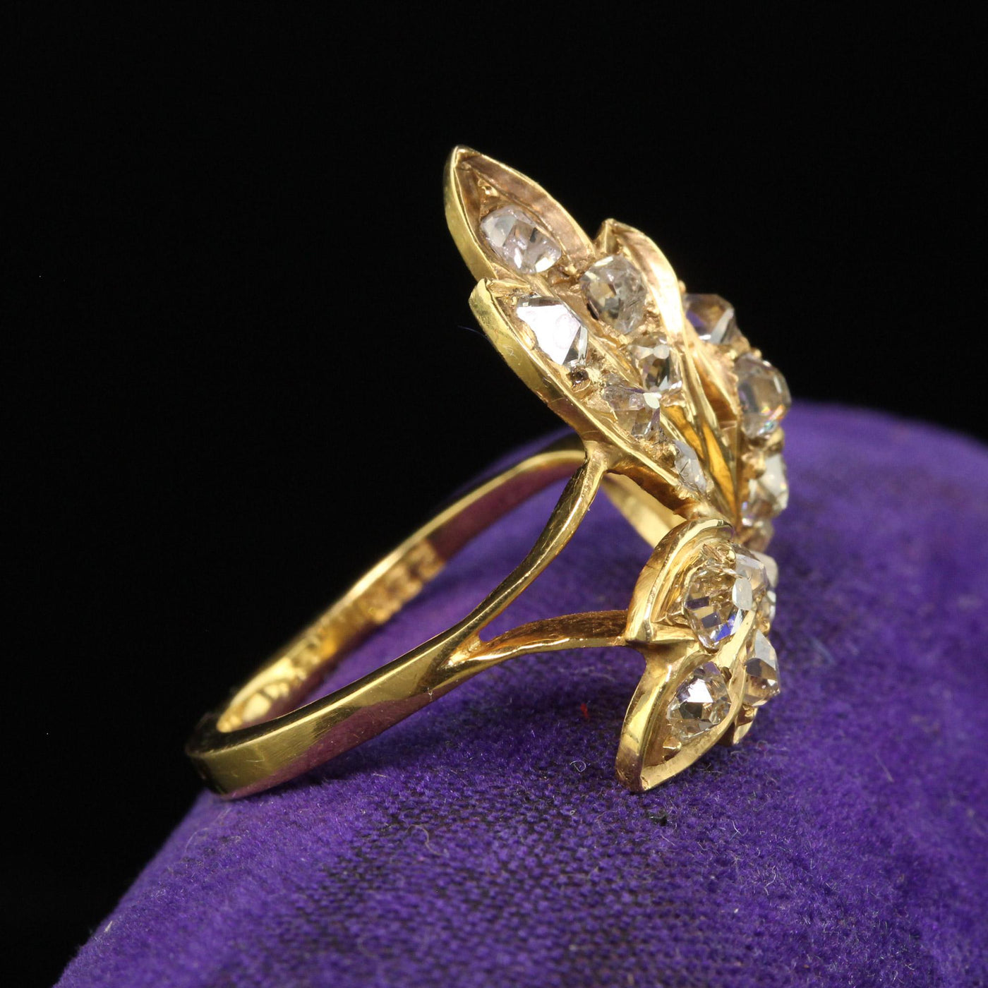 Antique Victorian 22K Yellow Gold Old Mine Floral Leaf Ring