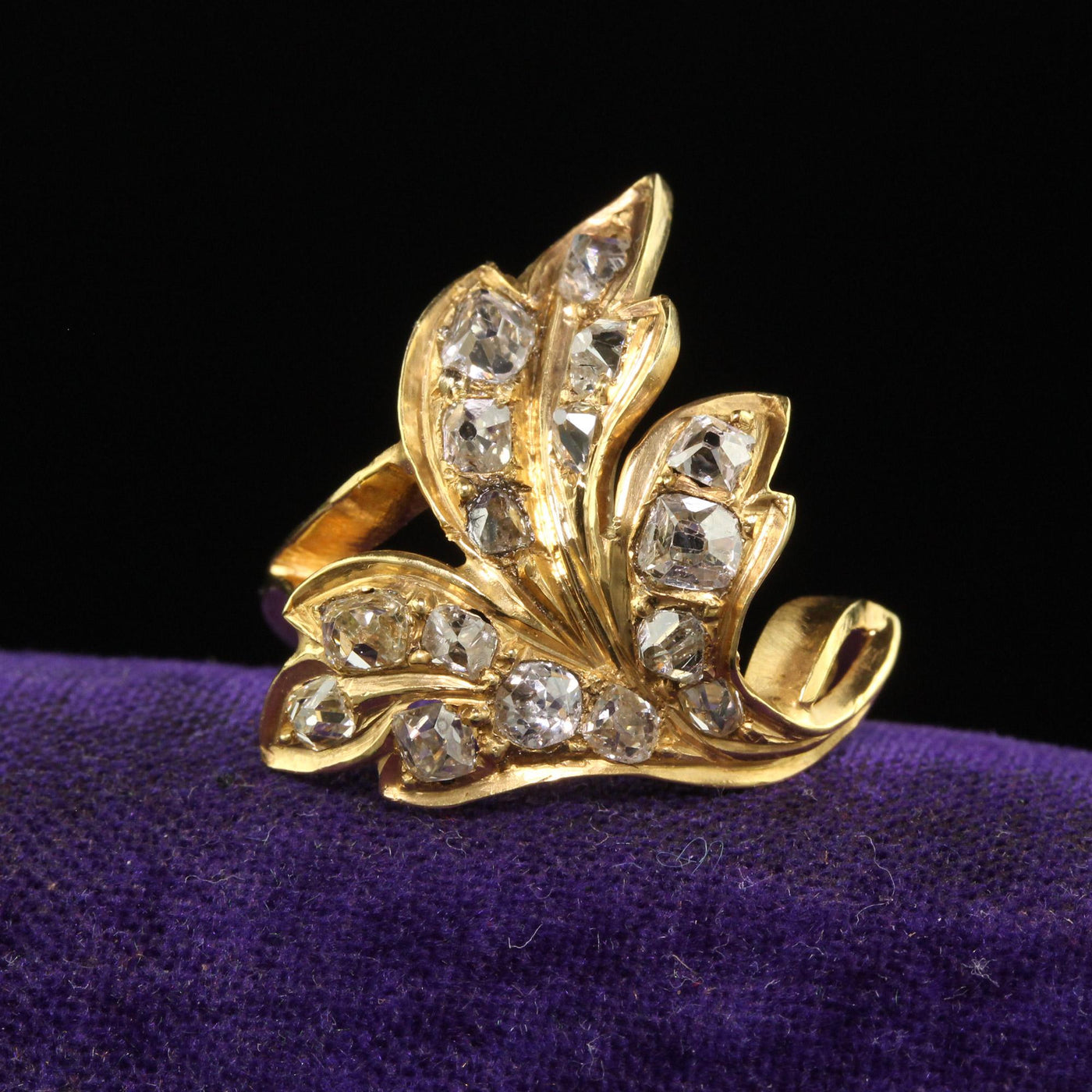 Antique Victorian 22K Yellow Gold Old Mine Floral Leaf Ring