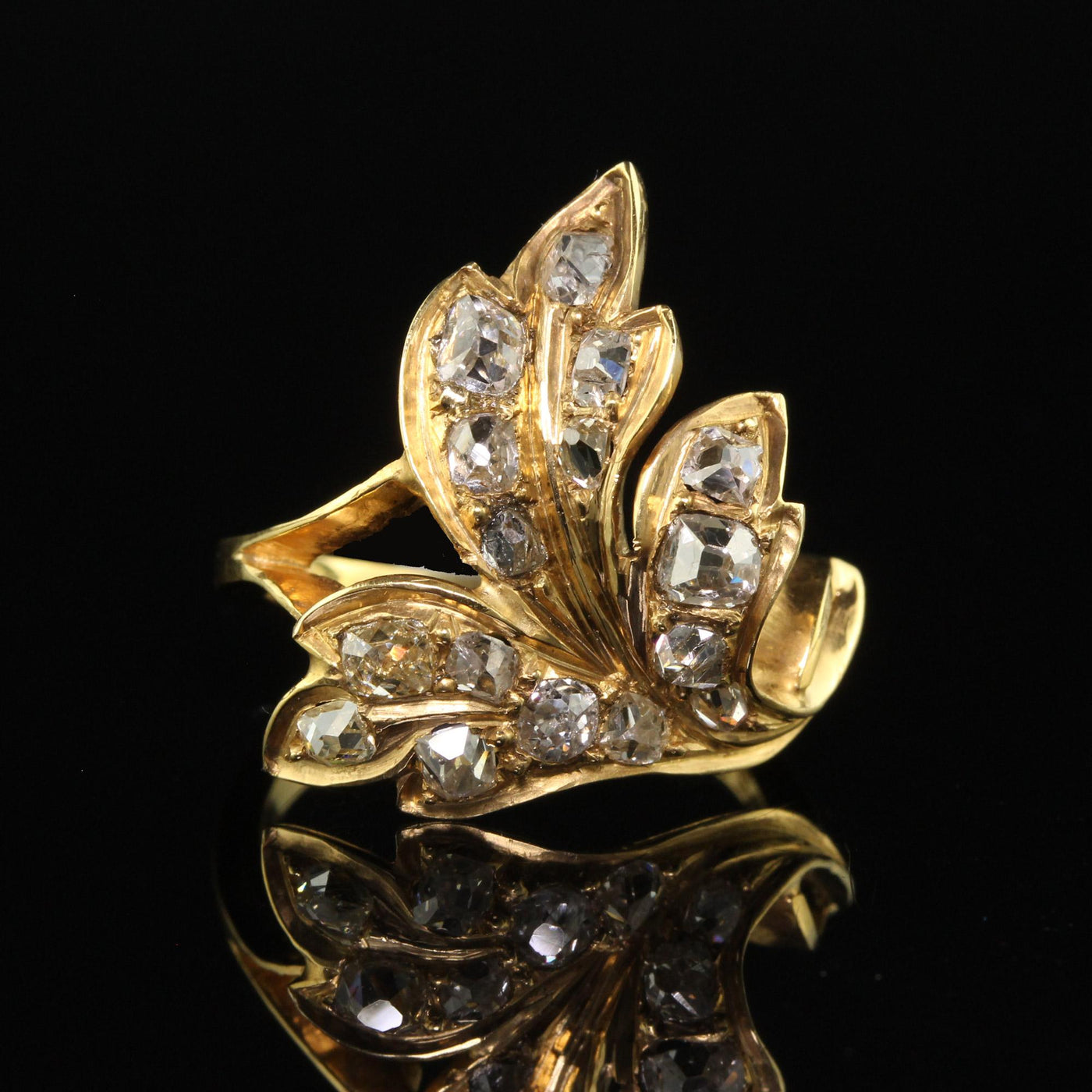 Antique Victorian 22K Yellow Gold Old Mine Floral Leaf Ring