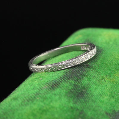 Antique Art Deco Platinum Single Cut Diamond Engraved Wedding Band - Size 7 1/4