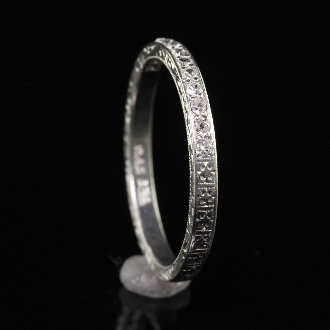 Antique Art Deco Platinum Single Cut Diamond Engraved Wedding Band - Size 7 1/4