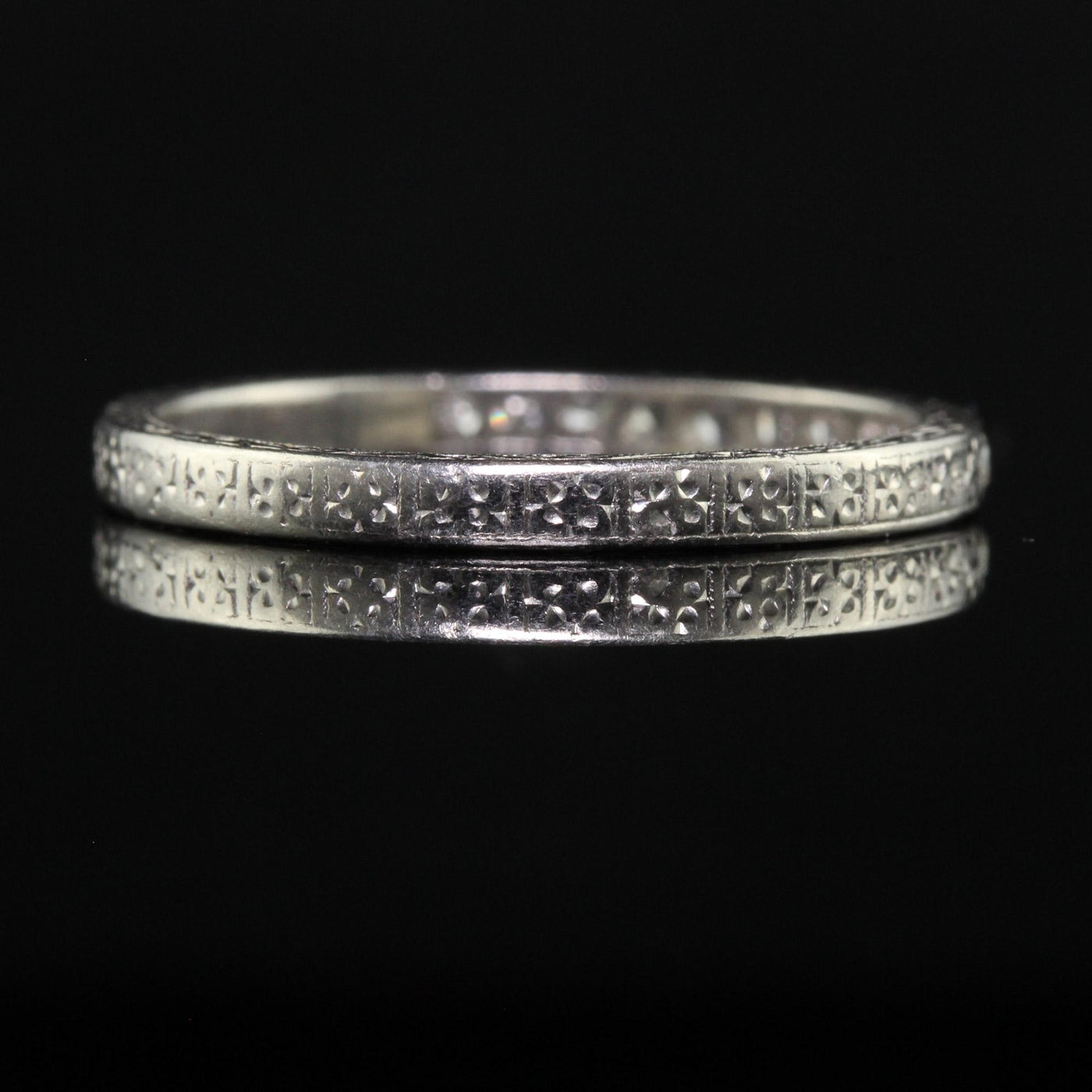 Antique Art Deco Platinum Single Cut Diamond Engraved Wedding Band - Size 7 1/4