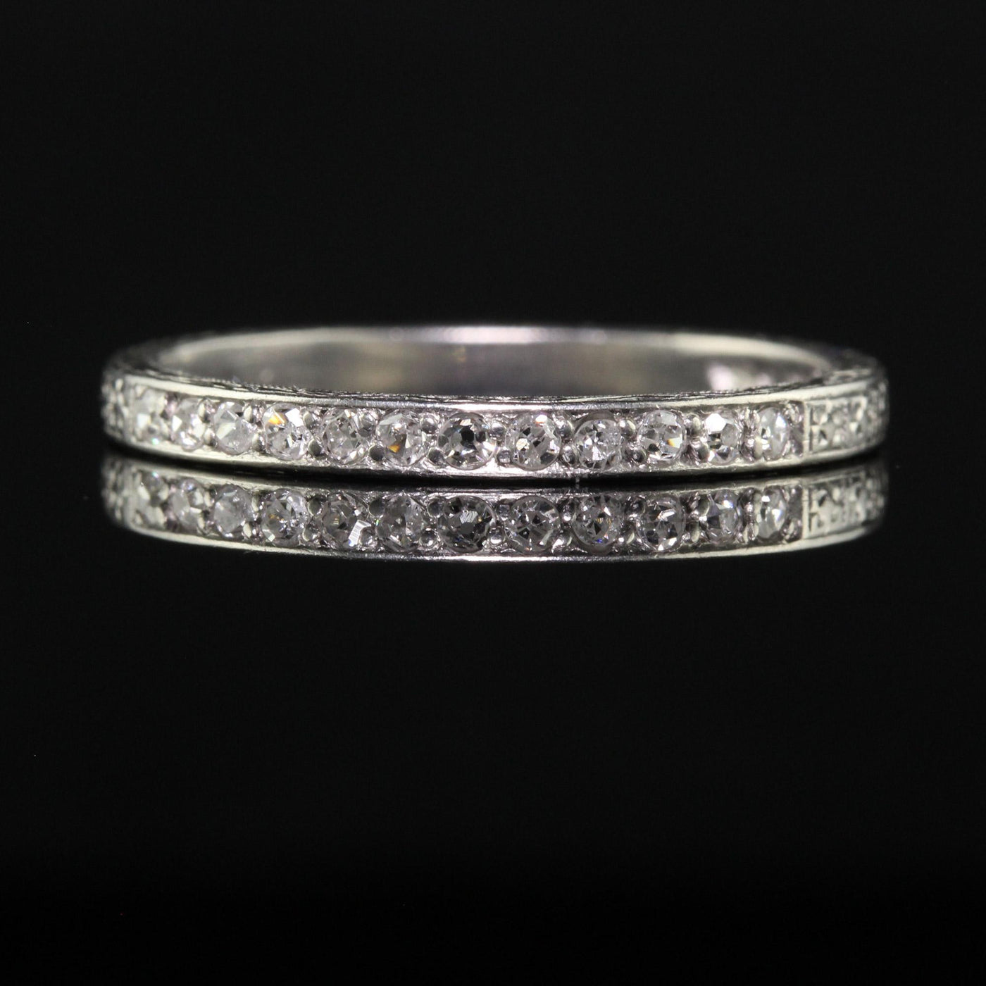 Antique Art Deco Platinum Single Cut Diamond Engraved Wedding Band - Size 7 1/4