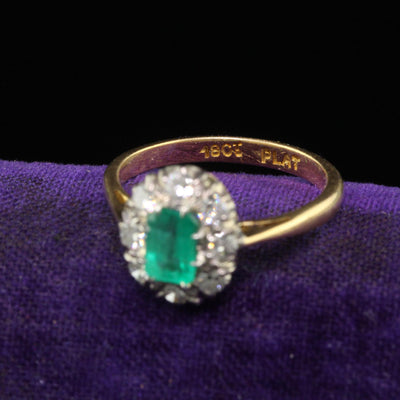 Antique Art Deco 18K Gold Platinum Old European Diamond Emerald Engagement Ring