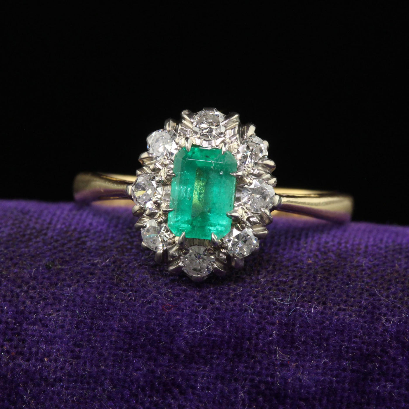 Antique Art Deco 18K Gold Platinum Old European Diamond Emerald Engagement Ring