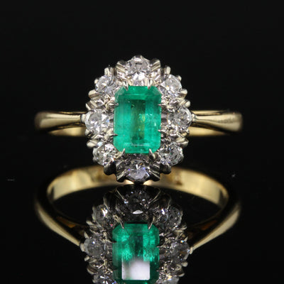 Antique Art Deco 18K Gold Platinum Old European Diamond Emerald Engagement Ring