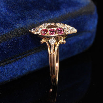 Antique Victorian 18K Rose Gold Old Cut Diamond and Ruby Navette Ring