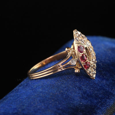 Antique Victorian 18K Rose Gold Old Cut Diamond and Ruby Navette Ring