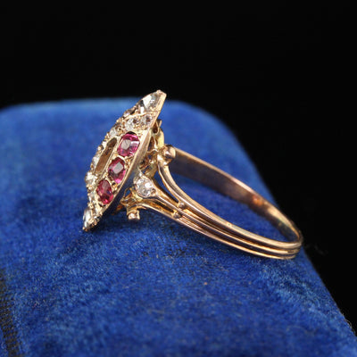 Antique Victorian 18K Rose Gold Old Cut Diamond and Ruby Navette Ring