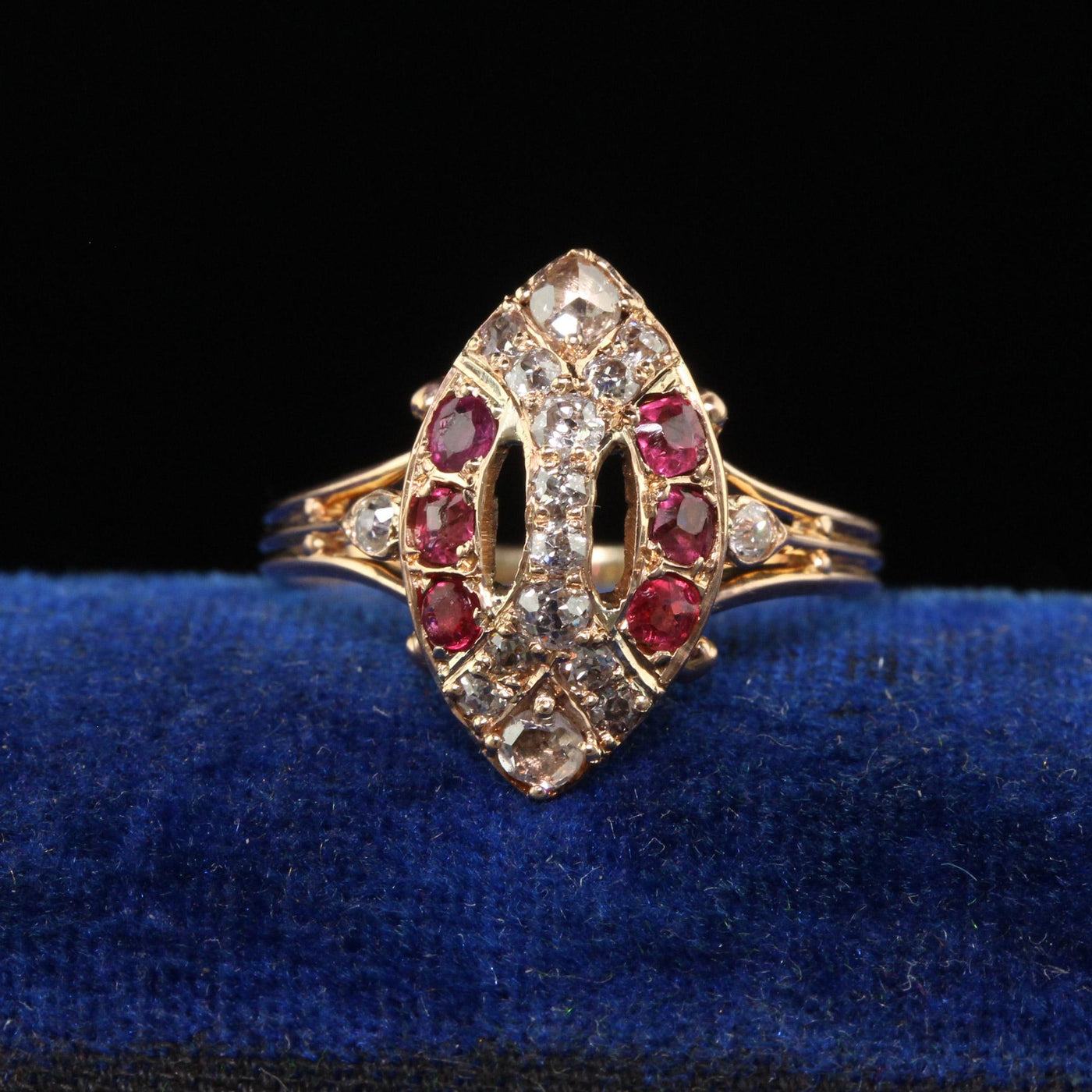 Antique Victorian 18K Rose Gold Old Cut Diamond and Ruby Navette Ring