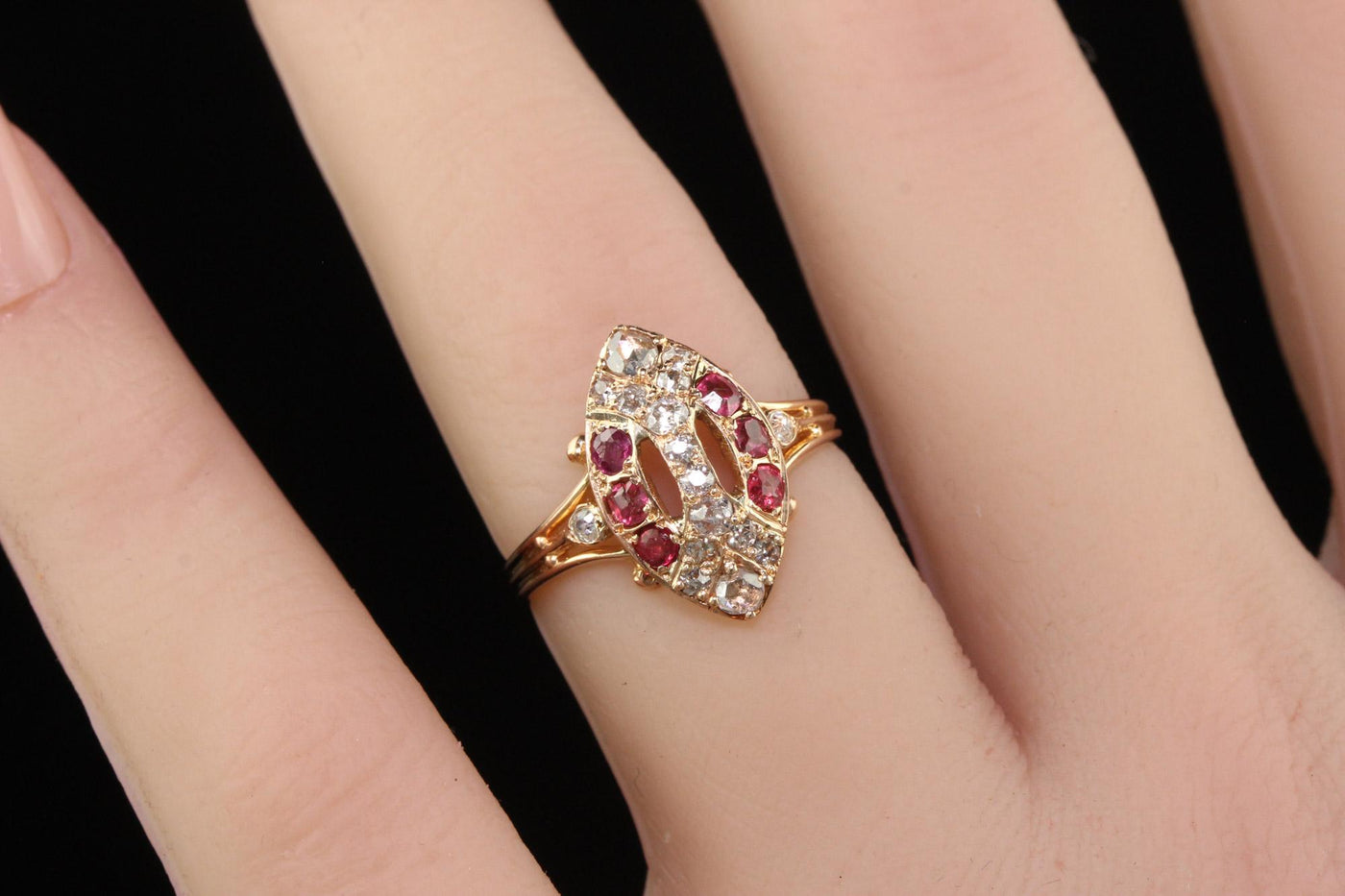 Antique Victorian 18K Rose Gold Old Cut Diamond and Ruby Navette Ring