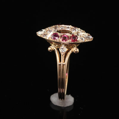 Antique Victorian 18K Rose Gold Old Cut Diamond and Ruby Navette Ring