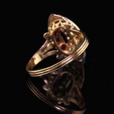 Antique Victorian 18K Rose Gold Old Cut Diamond and Ruby Navette Ring