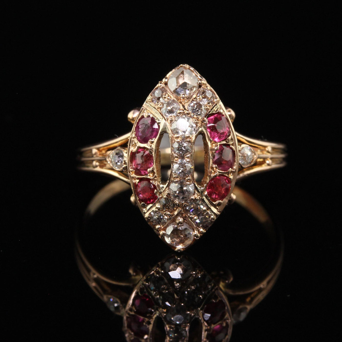 Antique Victorian 18K Rose Gold Old Cut Diamond and Ruby Navette Ring