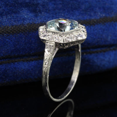 Antique Art Deco Platinum Aquamarine and Old Euro Diamond Engagement Ring