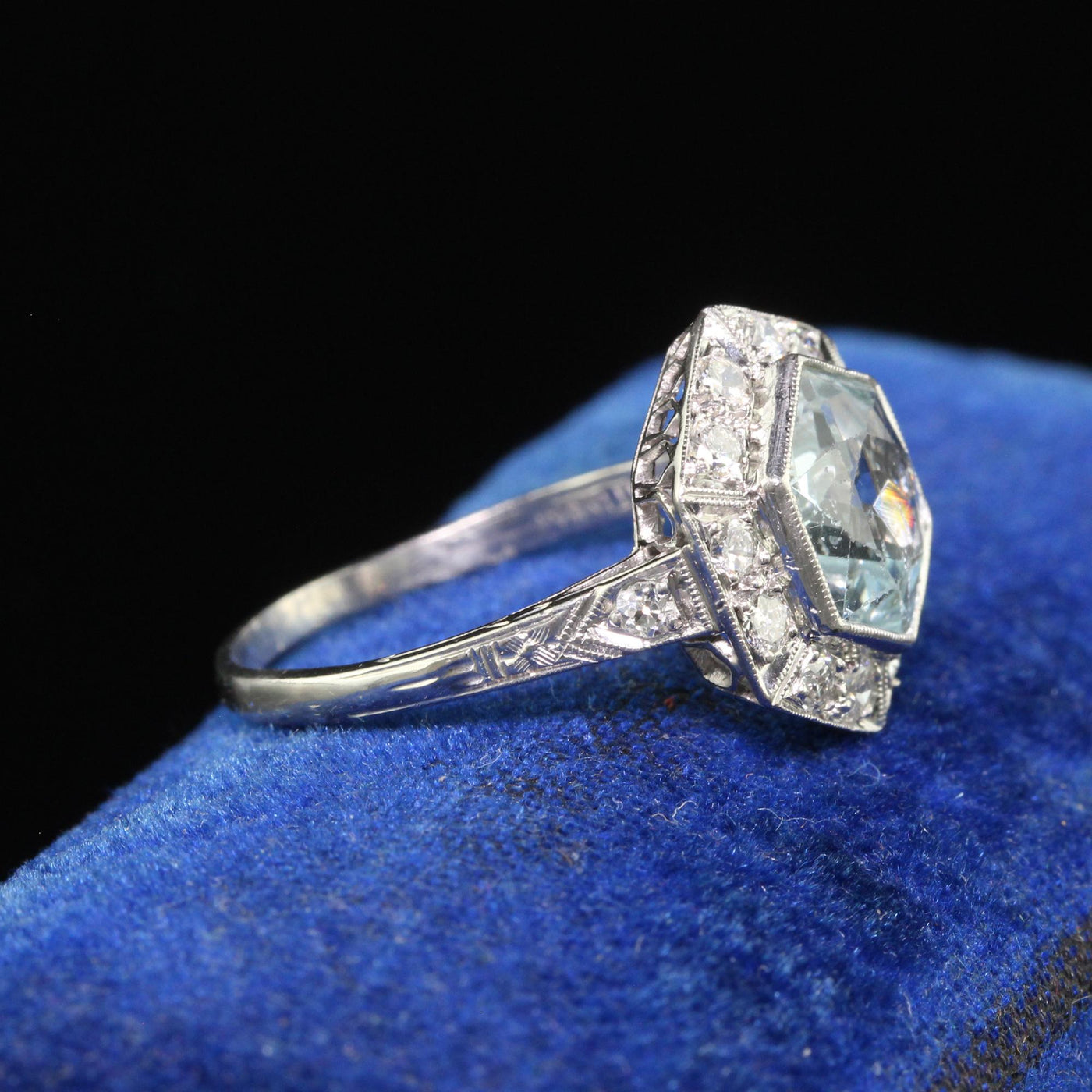 Antique Art Deco Platinum Aquamarine and Old Euro Diamond Engagement Ring