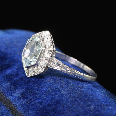 Antique Art Deco Platinum Aquamarine and Old Euro Diamond Engagement Ring