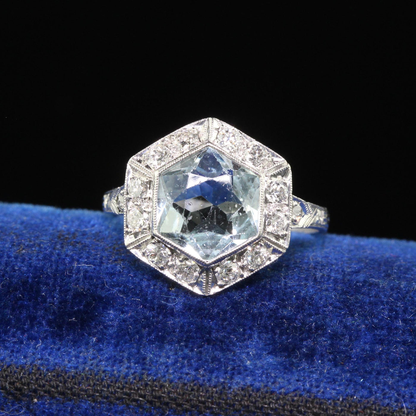 Antique Art Deco Platinum Aquamarine and Old Euro Diamond Engagement Ring