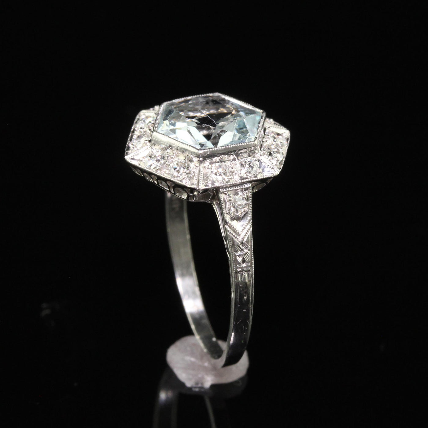 Antique Art Deco Platinum Aquamarine and Old Euro Diamond Engagement Ring