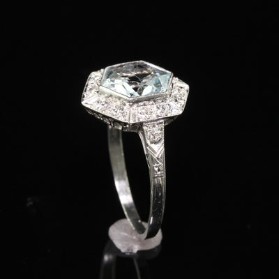 Antique Art Deco Platinum Aquamarine and Old Euro Diamond Engagement Ring