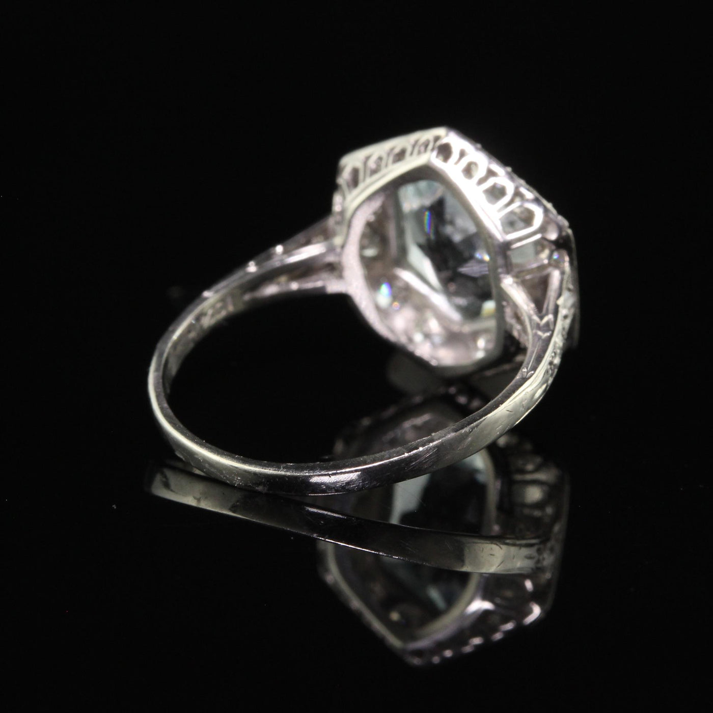 Antique Art Deco Platinum Aquamarine and Old Euro Diamond Engagement Ring