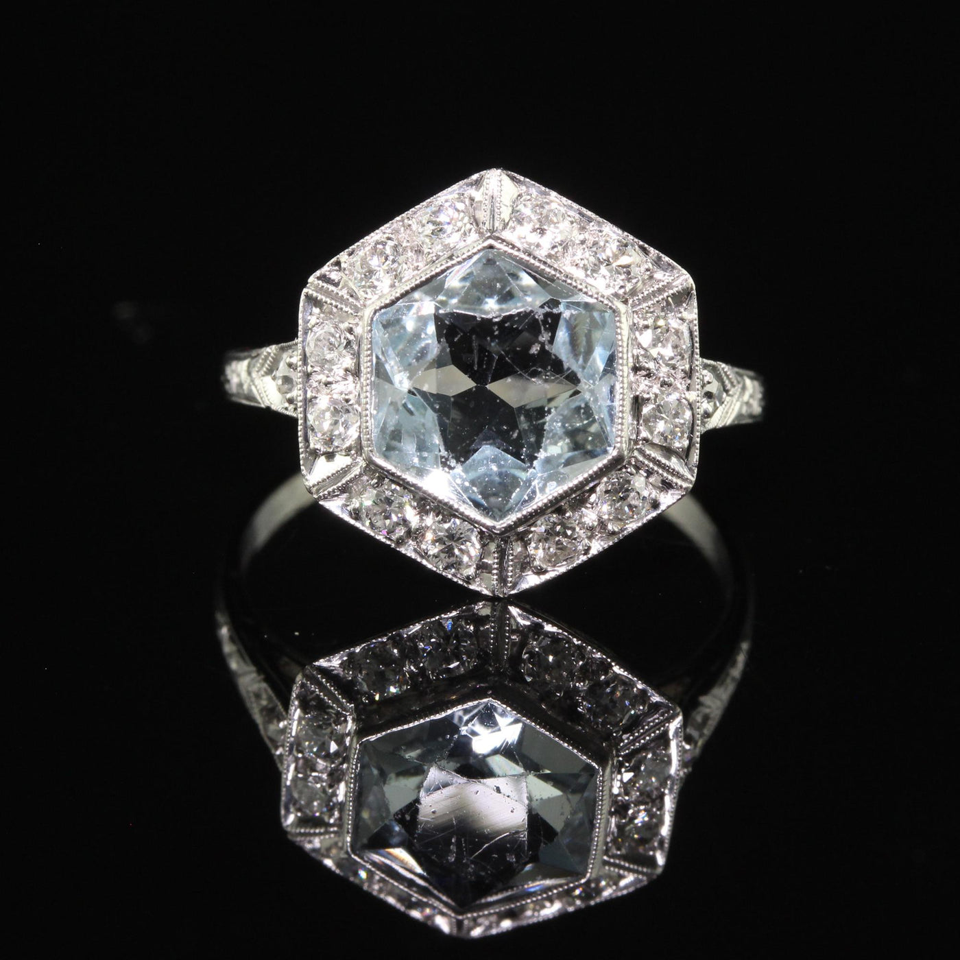 Antique Art Deco Platinum Aquamarine and Old Euro Diamond Engagement Ring