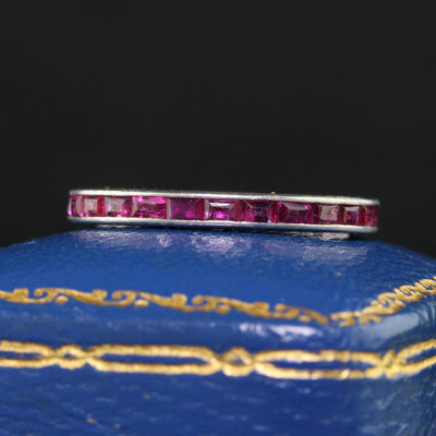 Antique Art Deco Platinum Square Cut Ruby Eternity Band - Size 6