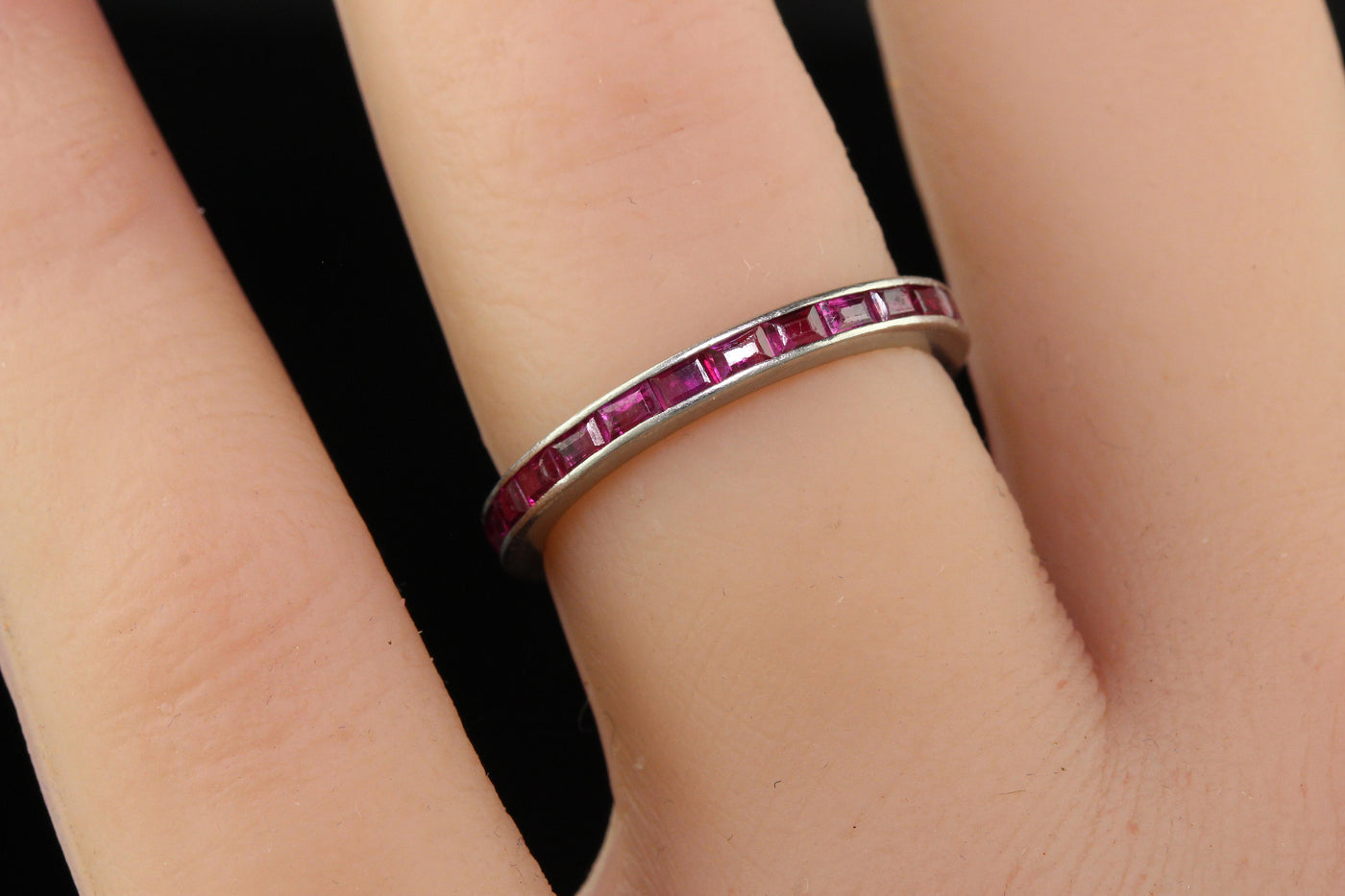 Antique Art Deco Platinum Square Cut Ruby Eternity Band - Size 6