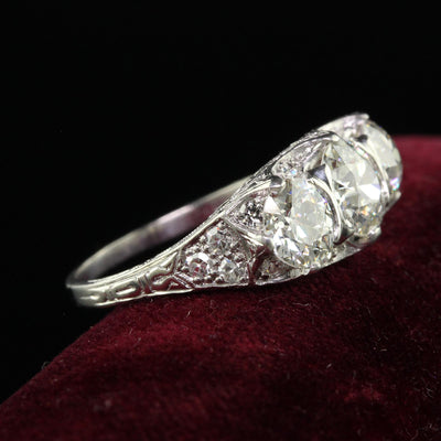 Antique Maurice Tishman Art Deco Platinum Old Euro Three Stone Filigree Ring GIA