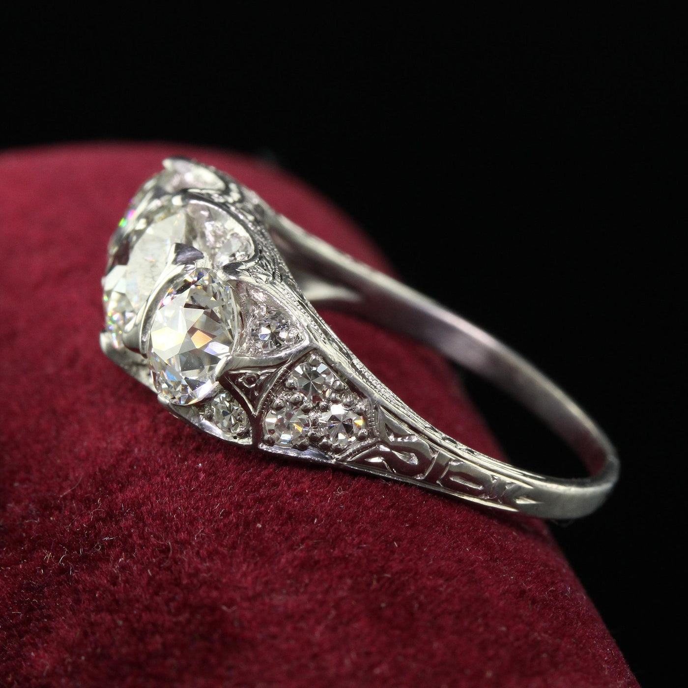 Antique Maurice Tishman Art Deco Platinum Old Euro Three Stone Filigree Ring GIA