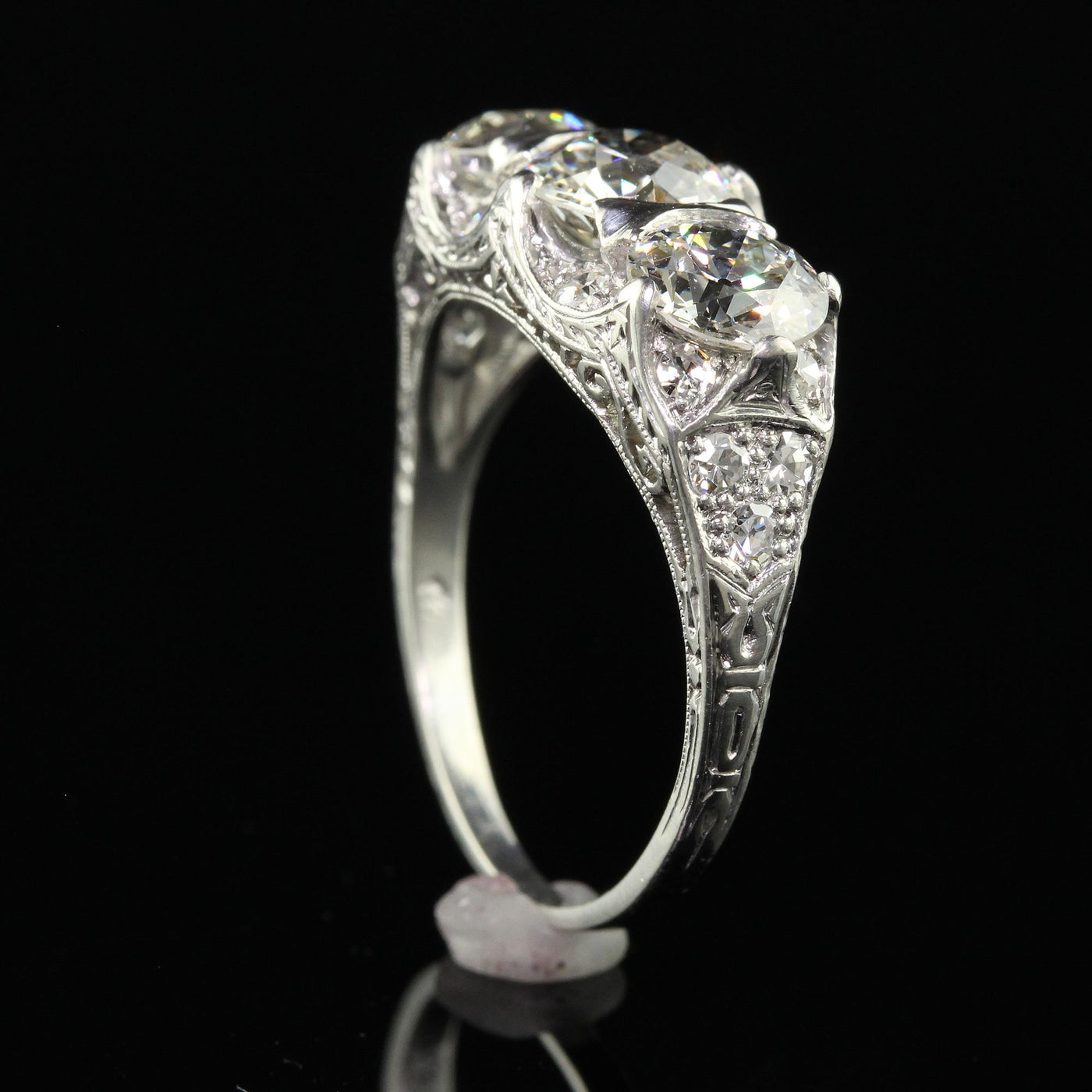 Antique Maurice Tishman Art Deco Platinum Old Euro Three Stone Filigree Ring GIA