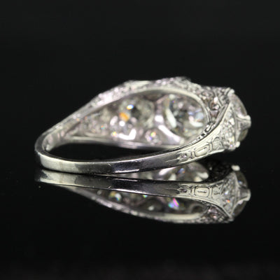 Antique Maurice Tishman Art Deco Platinum Old Euro Three Stone Filigree Ring GIA