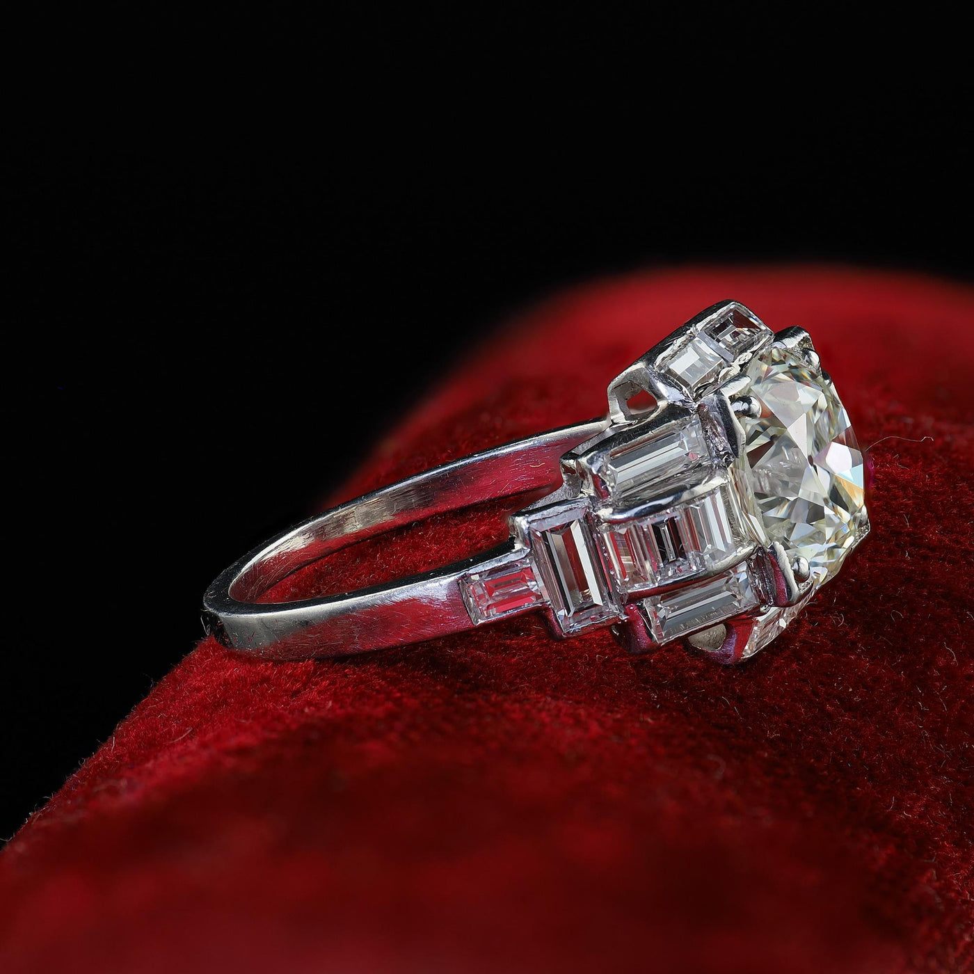 Antique Art Deco Platinum Old Euro Diamond and Baguette Engagement Ring - GIA