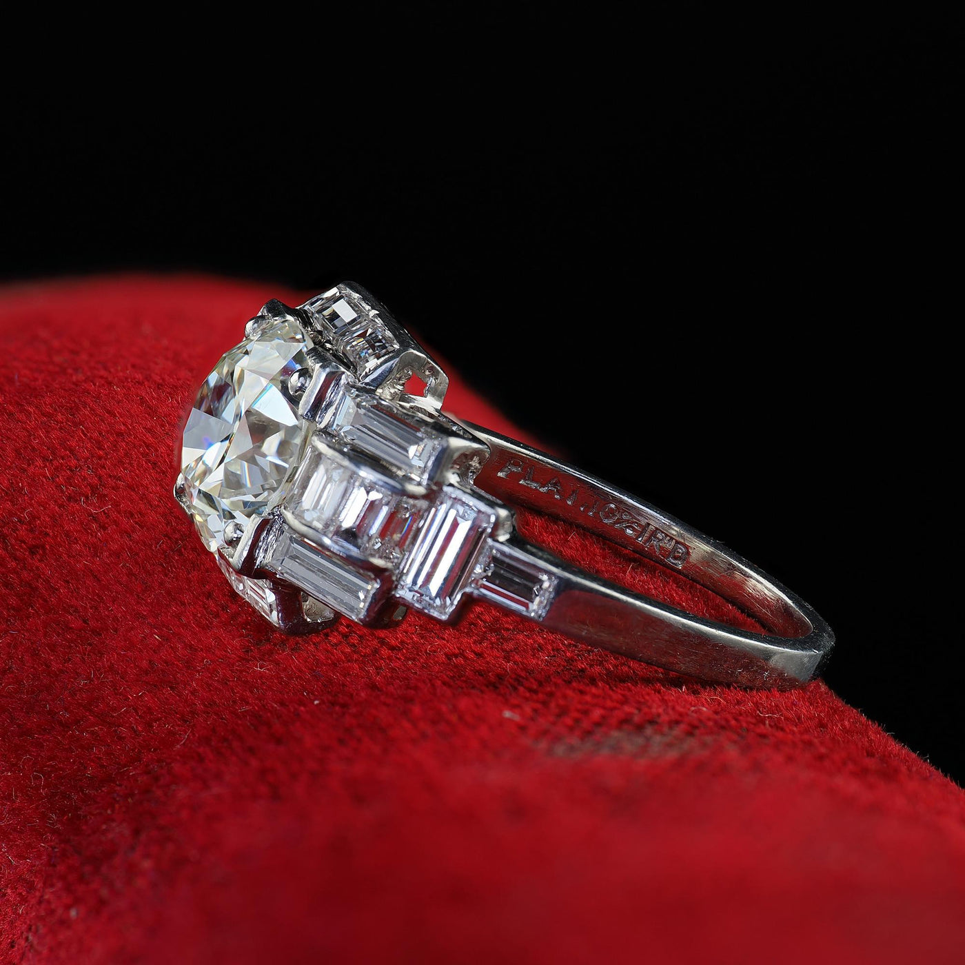 Antique Art Deco Platinum Old Euro Diamond and Baguette Engagement Ring - GIA