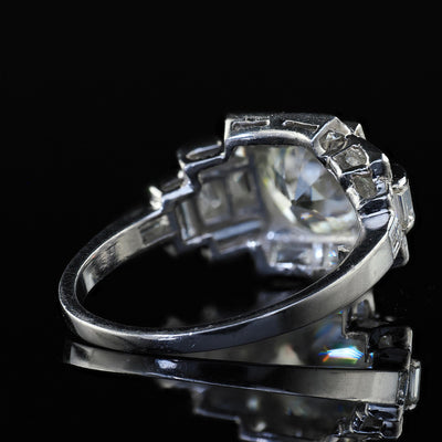 Antique Art Deco Platinum Old Euro Diamond and Baguette Engagement Ring - GIA