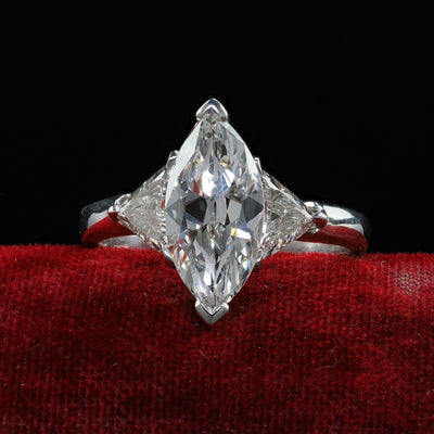 Vintage Retro Platinum Old Marquise Trillion Cut Diamond Engagement Ring - GIA