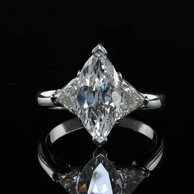 Vintage Retro Platinum Old Marquise Trillion Cut Diamond Engagement Ring - GIA