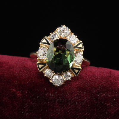 Antique Victorian 14K Yellow Gold Tourmaline and Diamond Cocktail Ring