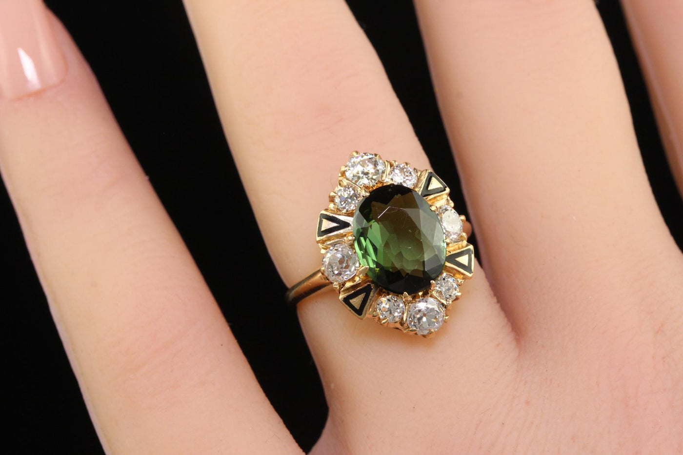 Antique Victorian 14K Yellow Gold Tourmaline and Diamond Cocktail Ring