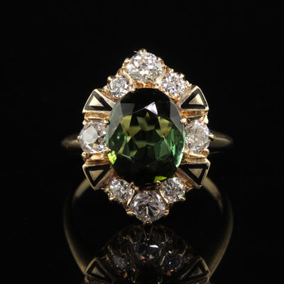 Antique Victorian 14K Yellow Gold Tourmaline and Diamond Cocktail Ring