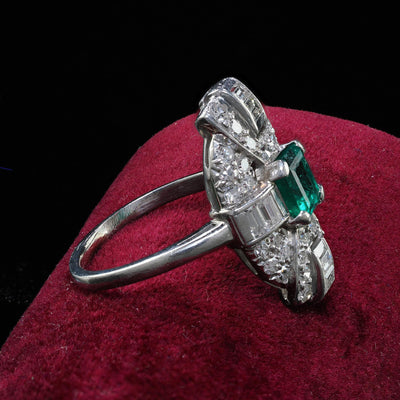 Antique Art Deco Platinum Colombian Emerald and Diamond Cocktail Ring