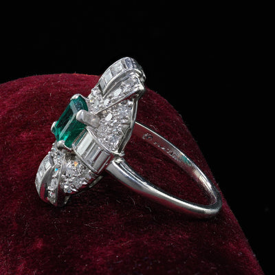 Antique Art Deco Platinum Colombian Emerald and Diamond Cocktail Ring