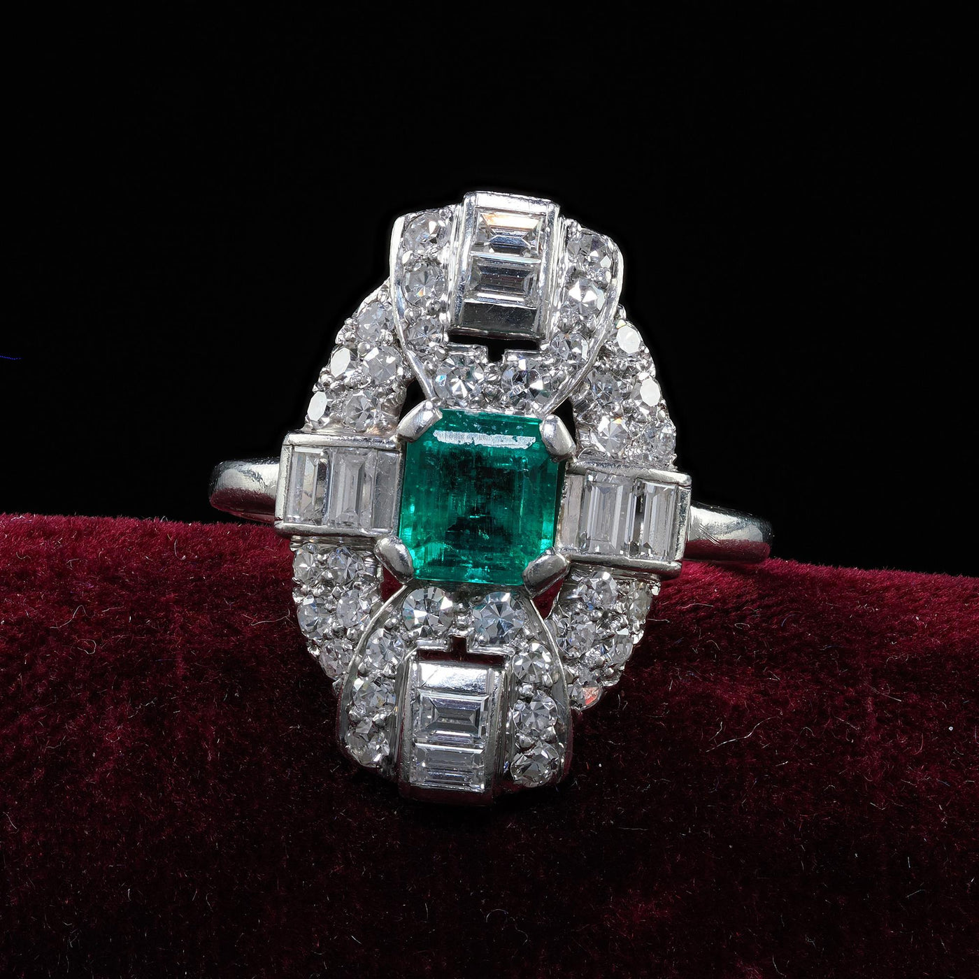 Antique Art Deco Platinum Colombian Emerald and Diamond Cocktail Ring