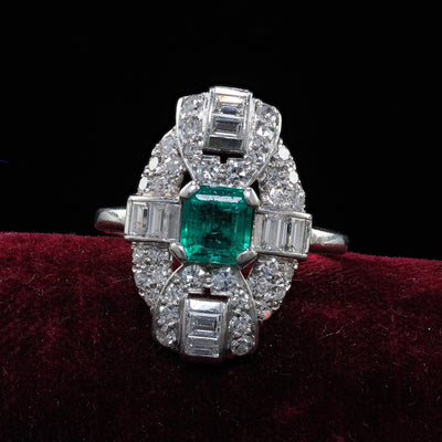 Antique Art Deco Platinum Colombian Emerald and Diamond Cocktail Ring